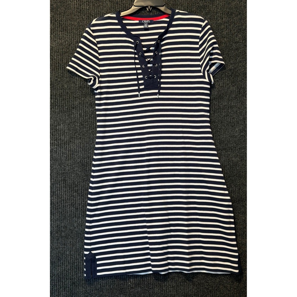 Chaps Y2K Petite Large Navy Striped Lace Up Cotton Knit T-Shirt Dress Preppy